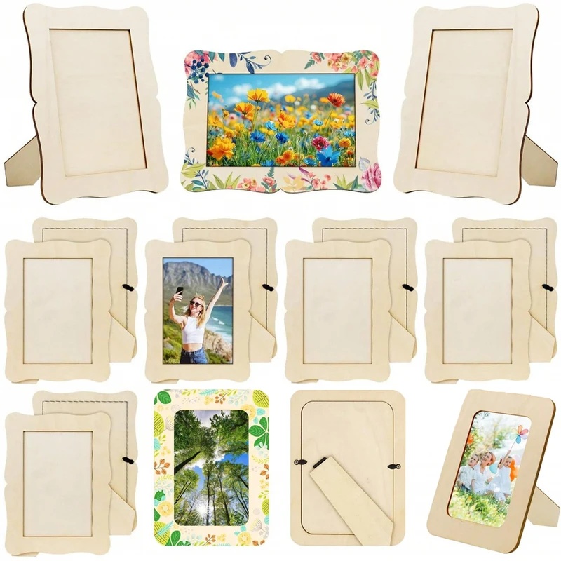 Bamboo Photo Frame - 5Pcs Unfinished Wooden Frames Wavy/Rectangle Photo