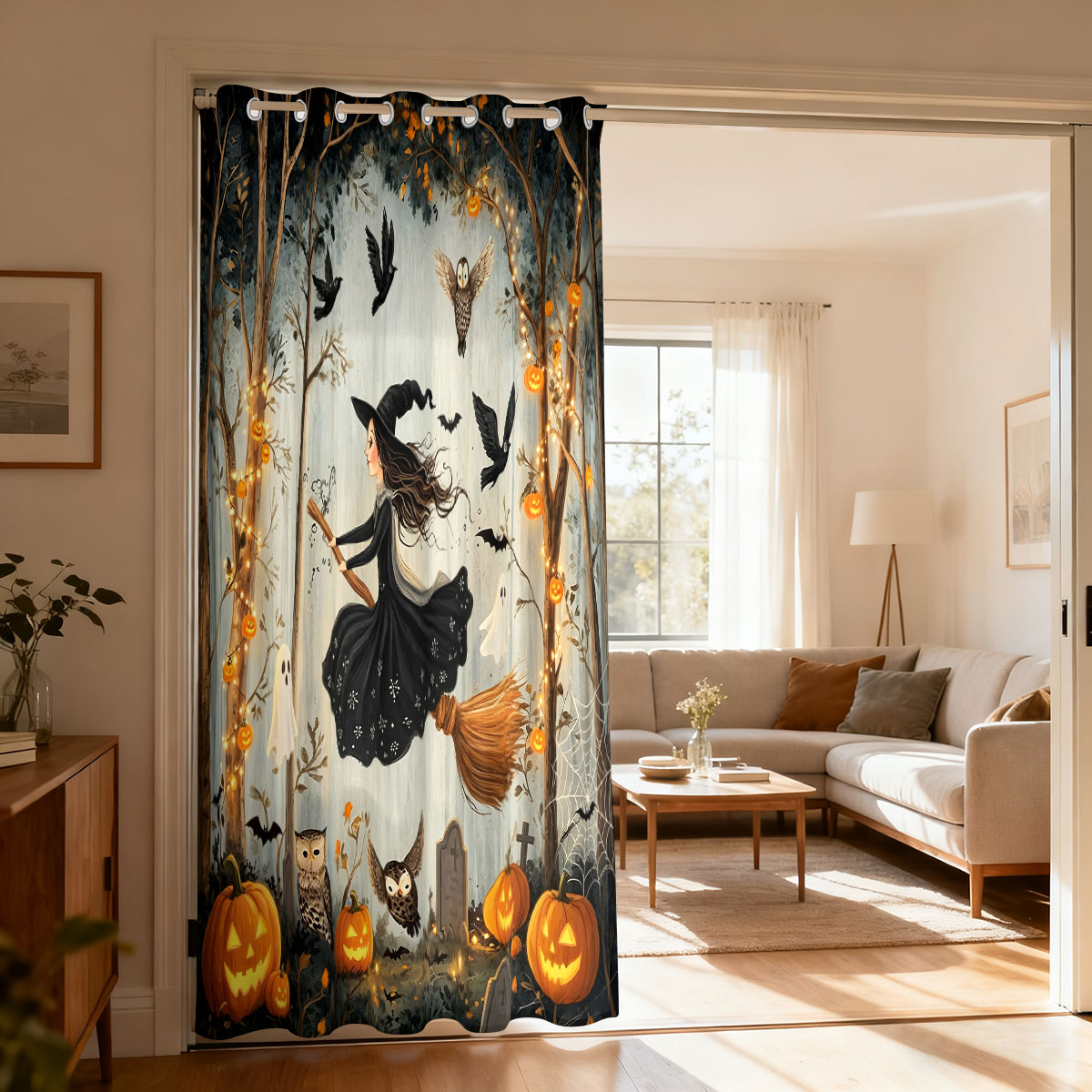 Home Decor Curtain - 1PC Halloween Witch Pumpkin Ghost Forest