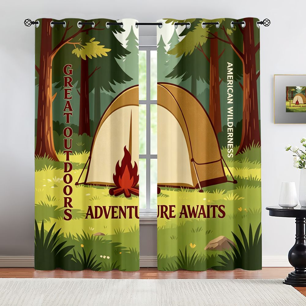 Camping Scene Print Curtains,  - Home Decor Curtain recension och pris