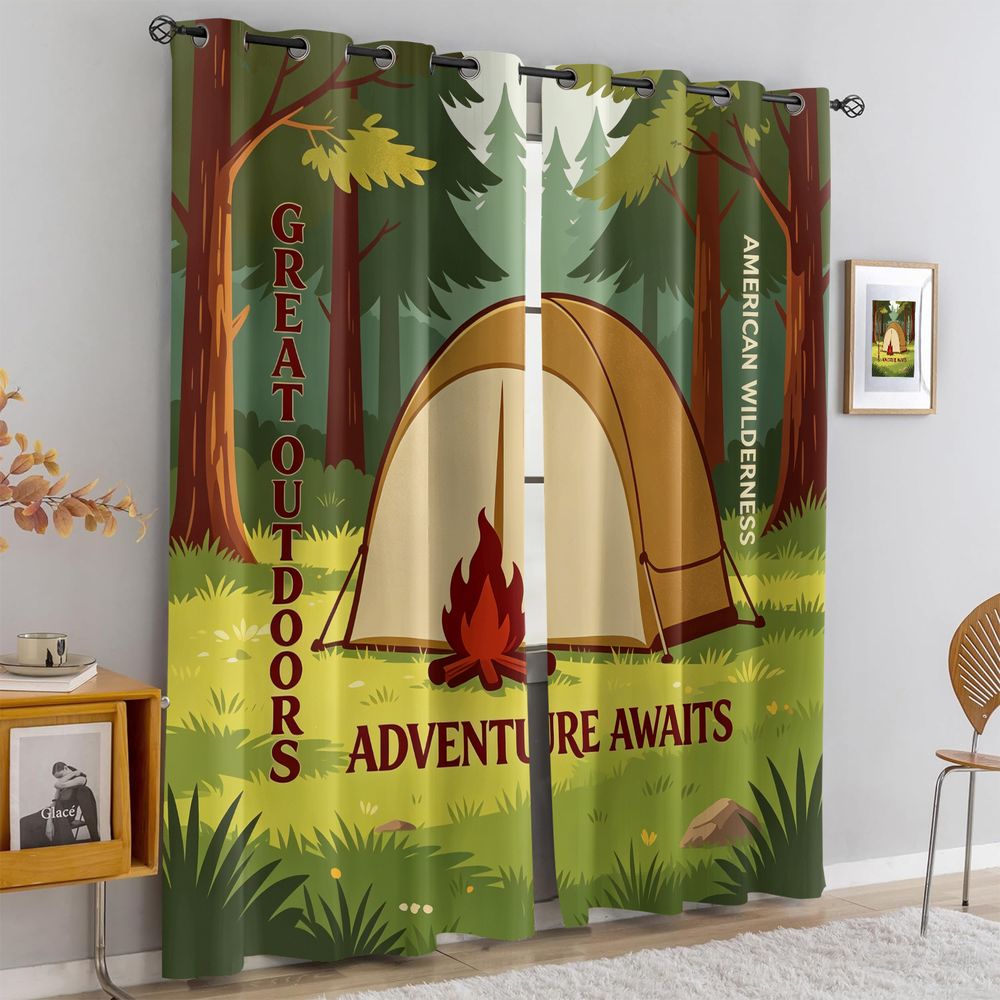 Camping Scene Print Curtains,  - Home Decor Curtain recension och pris
