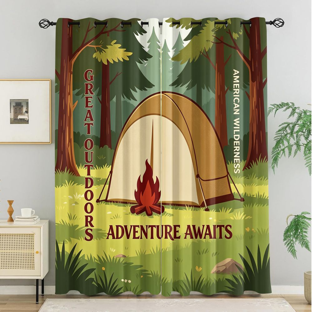 Camping Scene Print Curtains,  - Home Decor Curtain recension och pris