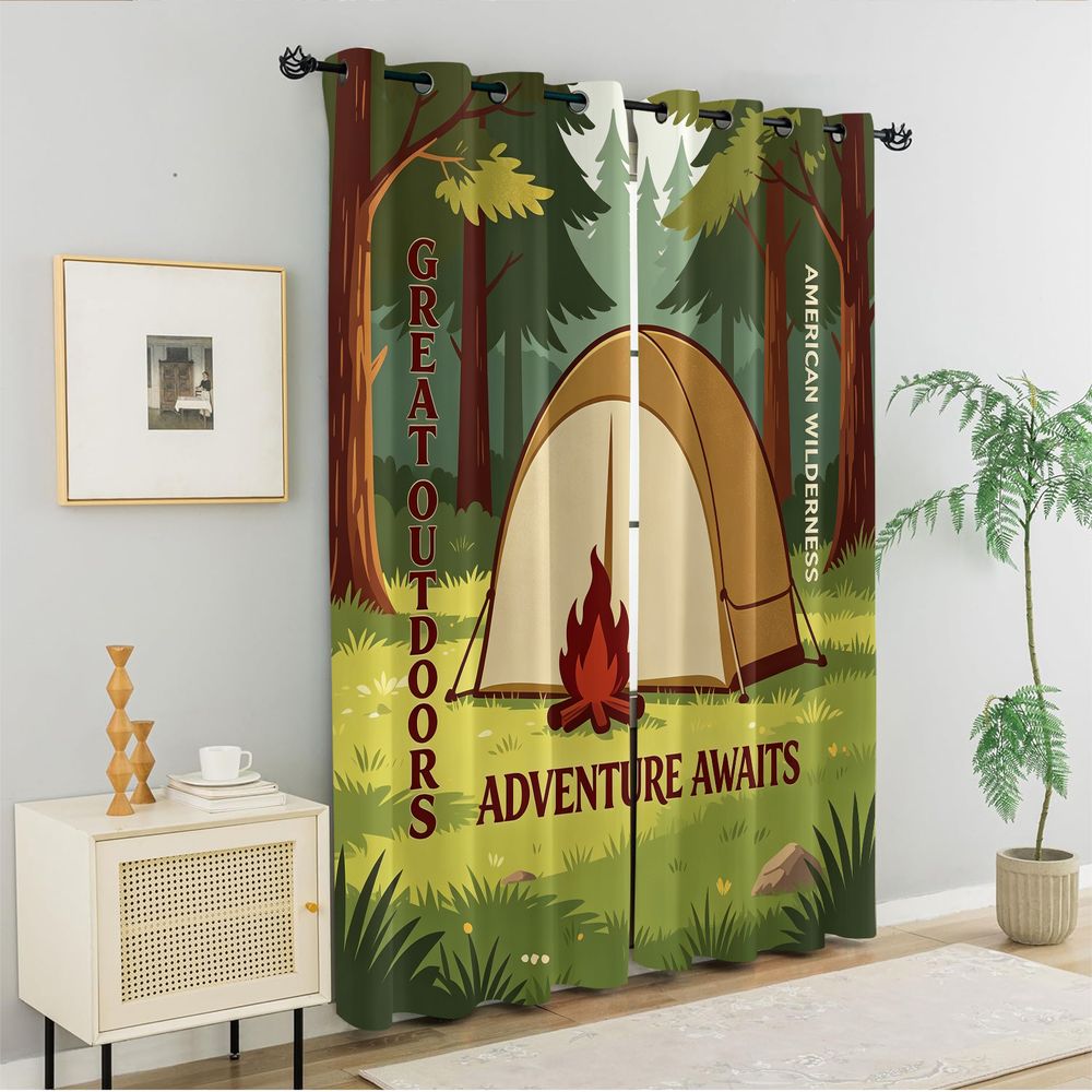 Camping Scene Print Curtains,  - Home Decor Curtain recension och pris